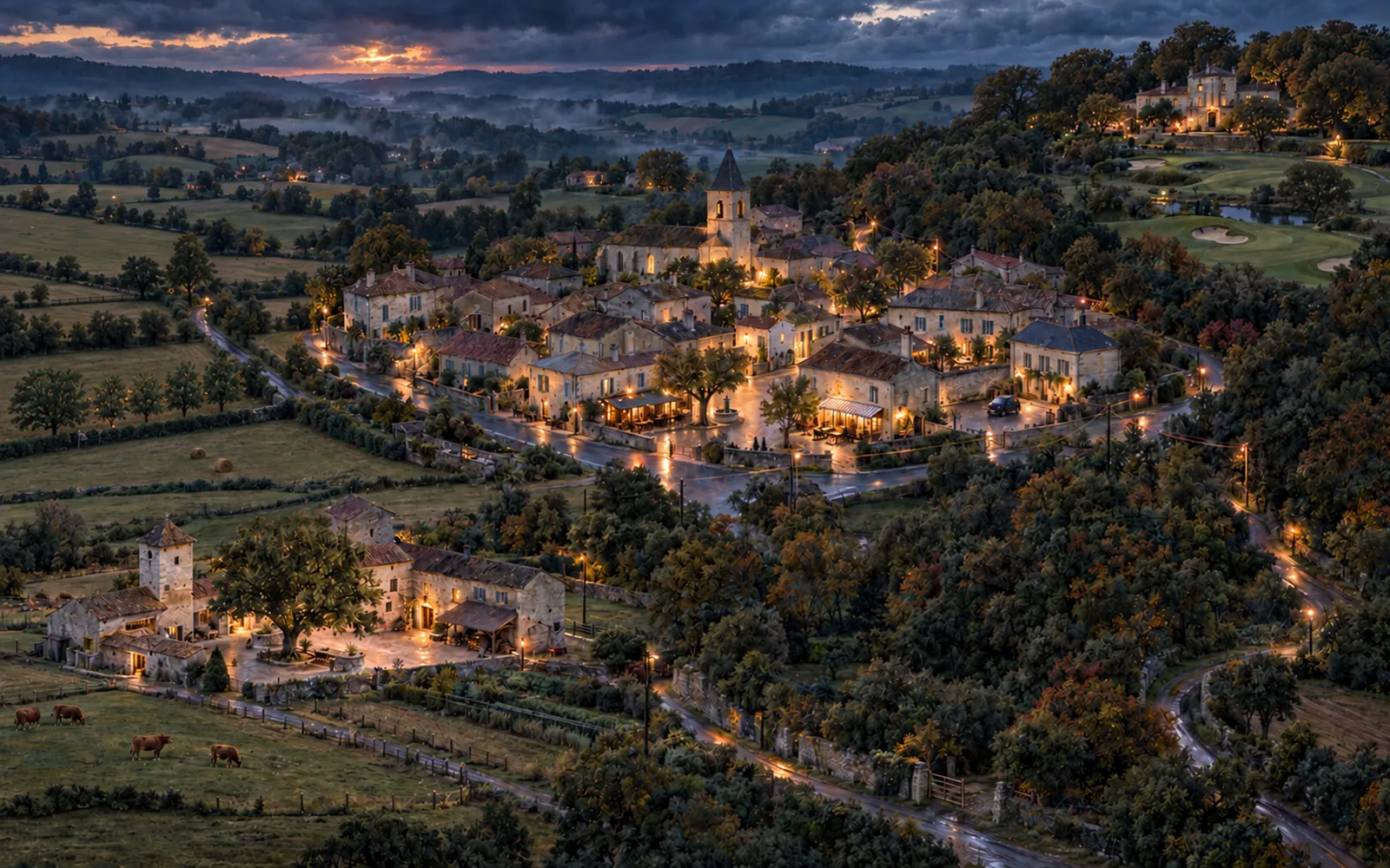 Vue illustrée de Saint-Jean-sur-Automne, avec le Bouscarot, le bourg, le Moulin et les bois