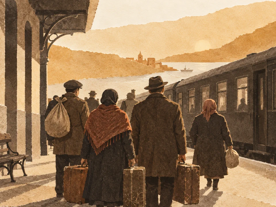 Illustration en papiers découpés d’un quai de gare et de voyageurs anonymes avec des valises, évoquant l’émigration italienne.