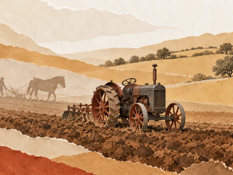 Illustration en papiers découpés d’un attelage et d’un tracteur ancien dans un champ, évoquant la mutation des campagnes.