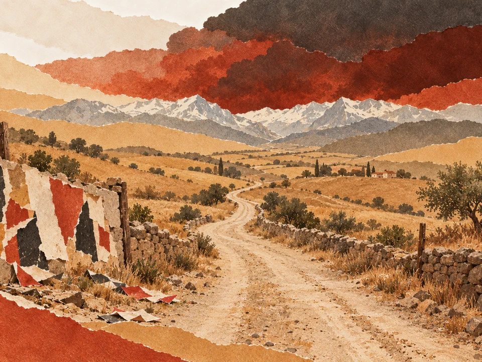 Illustration en papiers découpés d’une route vers les Pyrénées sous un ciel rouge sombre, évoquant le début de la guerre civile espagnole.