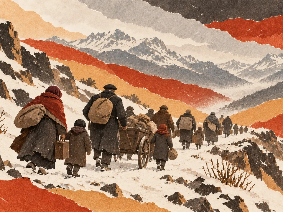 Illustration en papiers découpés d’une colonne de réfugiés anonymes dans un col enneigé, évocation de la Retirada.
