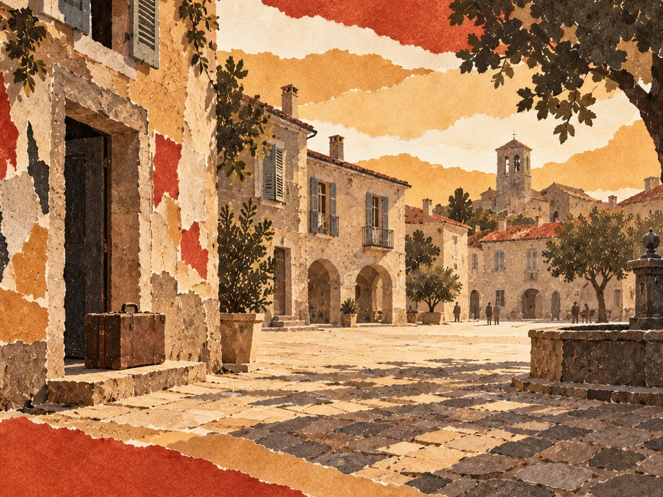 Illustration en papiers découpés d’une place éclairée et d’une valise près d’une porte, évocation de la Libération et des retours.
