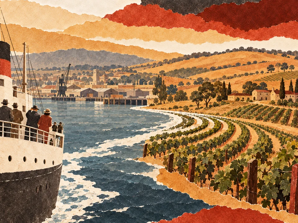 Illustration en papiers découpés d’un paquebot dont le sillage rejoint des vignobles, évocation de l’immigration d’après-guerre vers l’Australie.