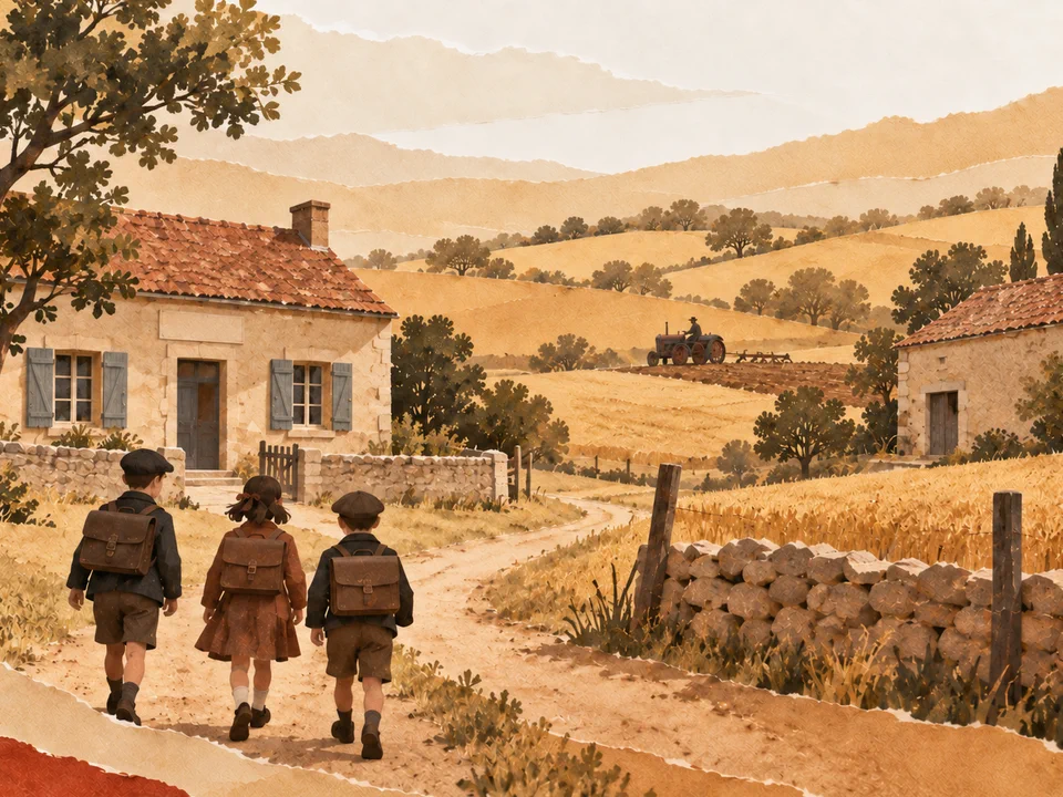 Illustration en papiers découpés de trois écoliers anonymes entre une école et une ferme, avec un tracteur au loin.