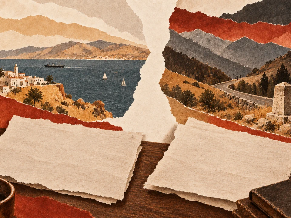 Illustration en papiers découpés de deux paysages séparés, Méditerranée et Pyrénées, évoquant des tensions politiques distinctes autour de 1960.