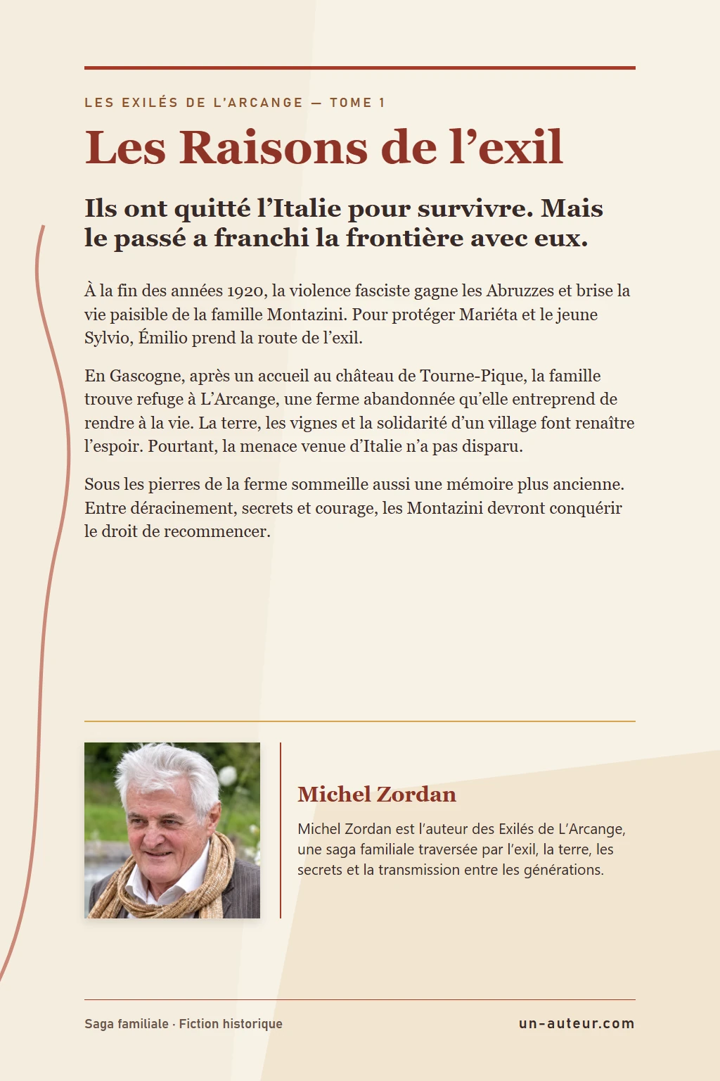 Quatrième de couverture : présentation du roman et portrait de Michel Zordan