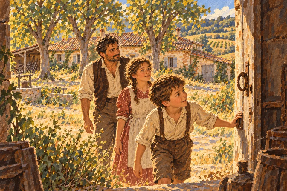 Sylvio découvre la ferme de L’Arcange avec Émilio et Mariéta.