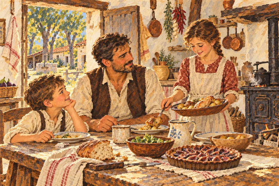 La famille Montazini partage son premier repas dans la cuisine de L’Arcange.