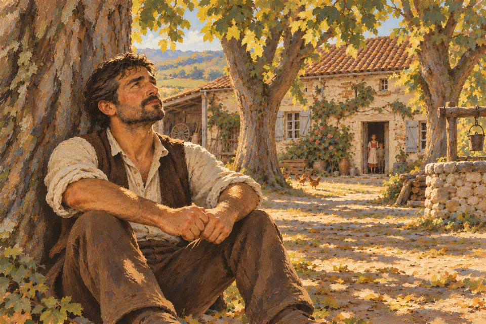 Émilio est assis sous un grand orme devant la ferme.